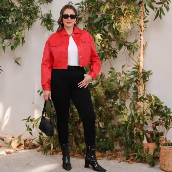 Women Red Cropped Moto Biker Short Comfortable Pu Faux Leather Fashion Jacket - Picture 3 of 7